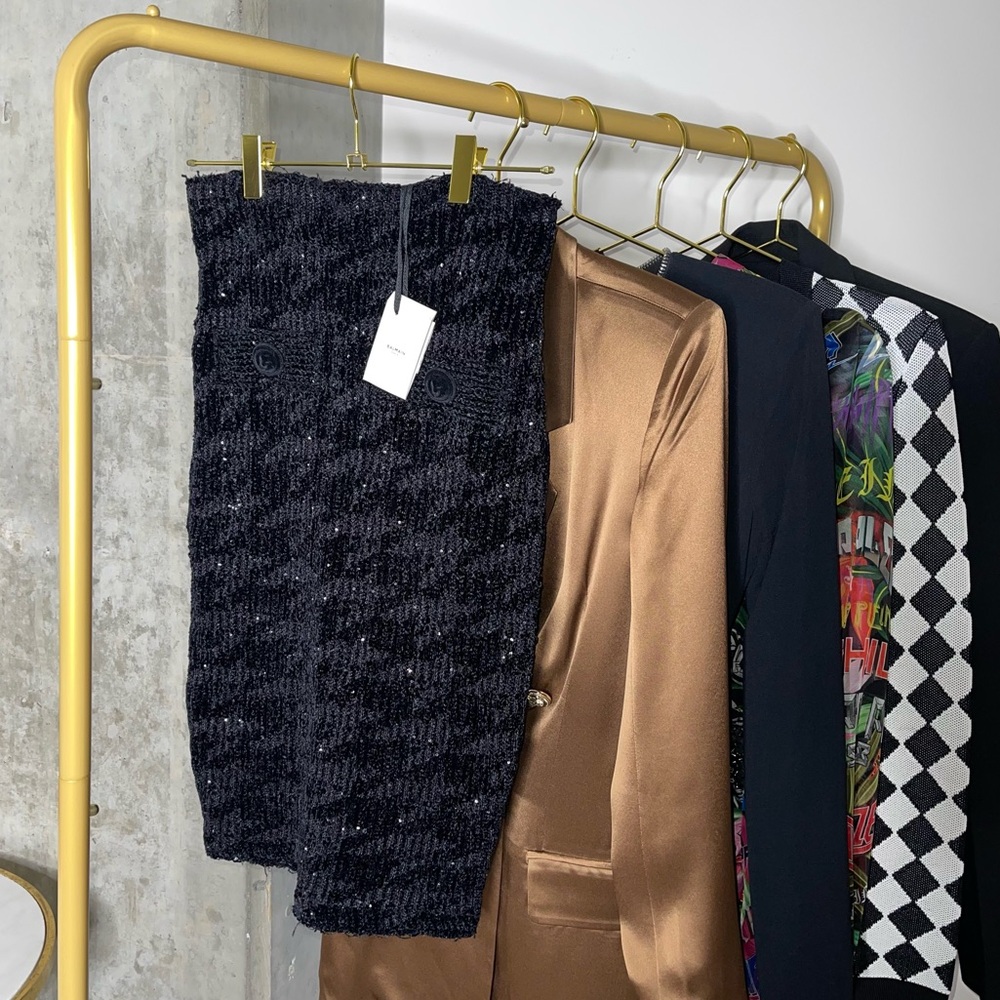 Balmain Black Sequin-Embellished Houndstooth Stretch-Knit Skirt - Picture 6 of 16